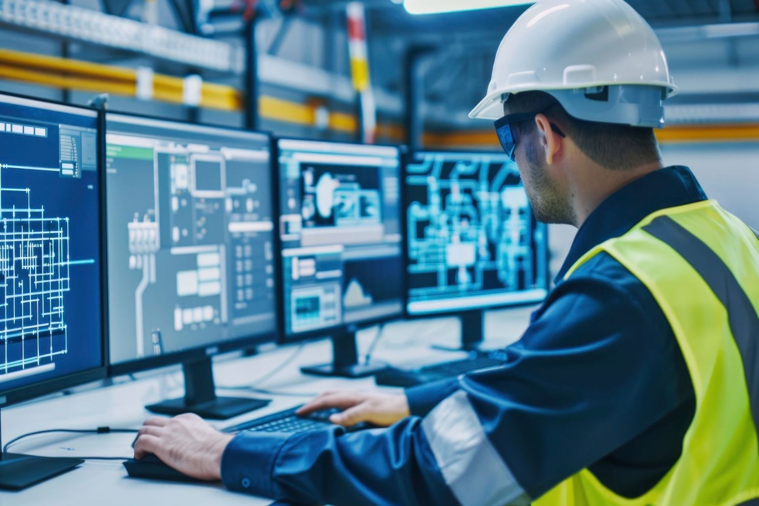 Engineer in a hard hat monitoring industrial control screens in a factory control room