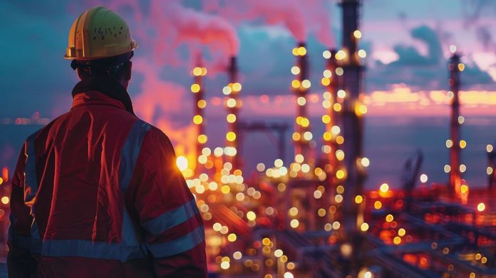Worker in hard hat and reflective vest overlooking a lit industrial site at dusk