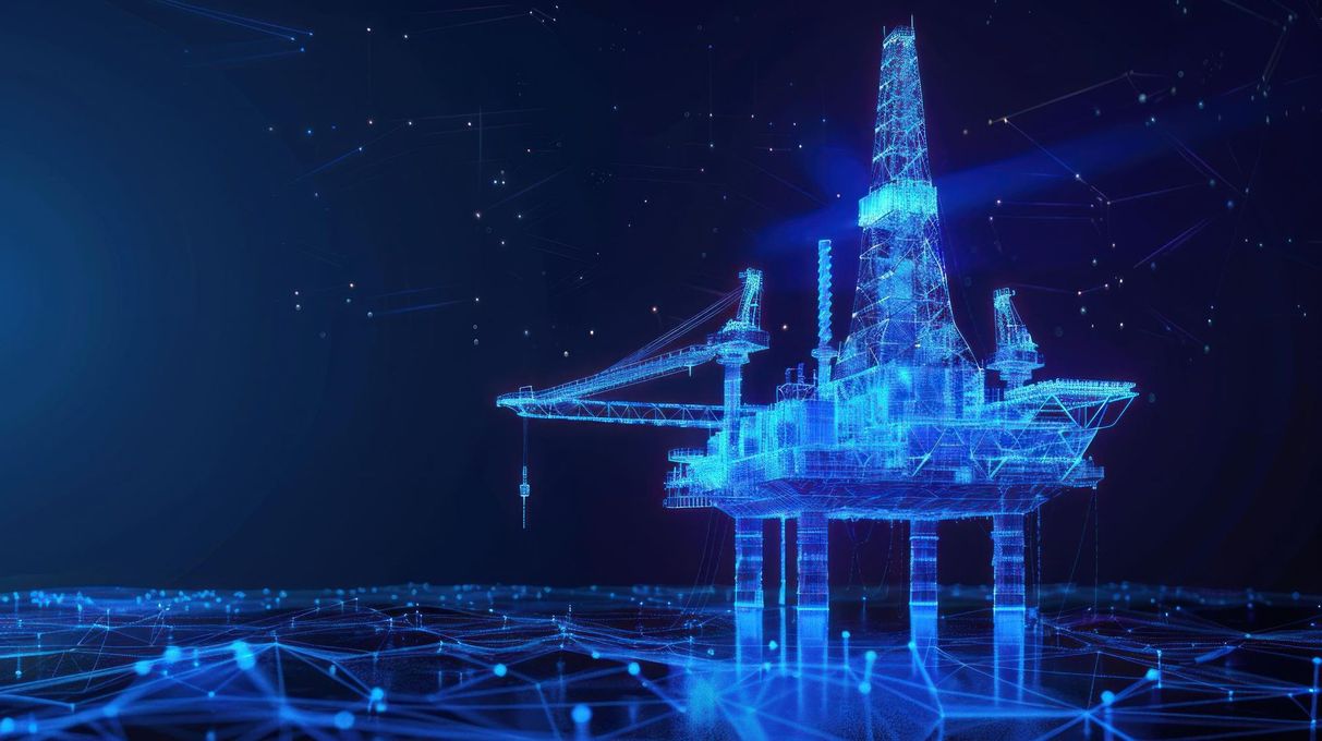 Blue digital offshore oil rig glowing on a dark background with wireframe network lines
