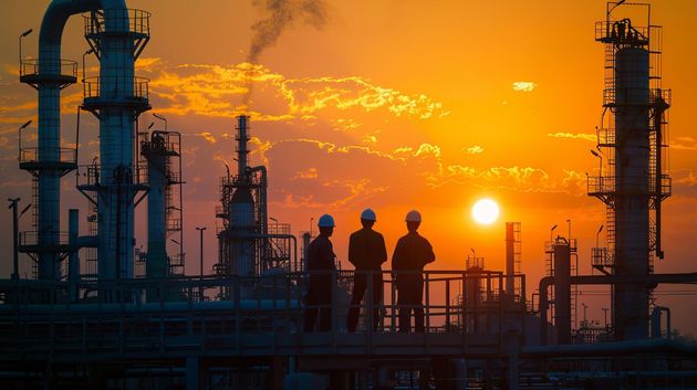 Silhouetted workers on an oil refinery platform at sunset, with bright orange sky and industrial towers