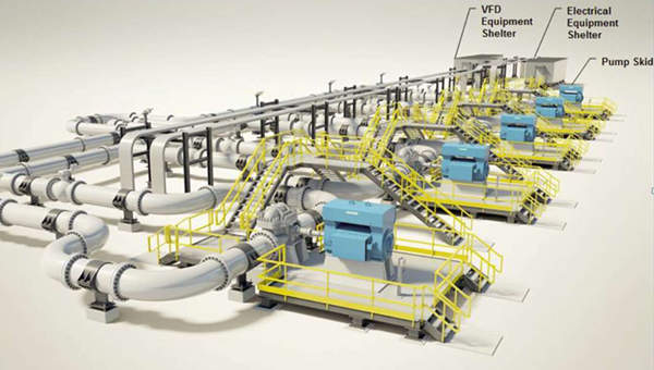 Industrial piping system with yellow walkways and blue equipment in a plant layout diagram