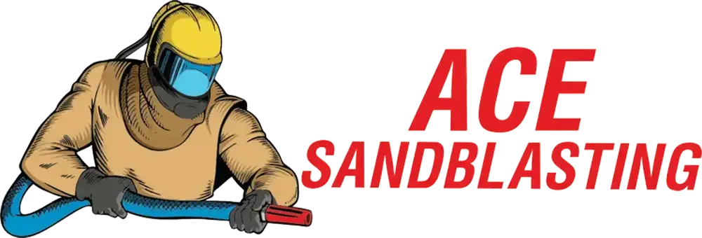 A professional wearing protective sandblasting gear, holding a hose, next to the red text "ACE SANDBLASTING."