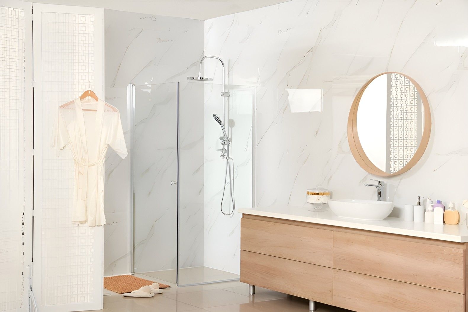 A Bathroom With a Walk in Shower, Sink and Mirror — Whitsunday Screens & Grilles In Proserpine, QLD