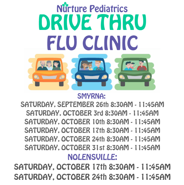 Nurture Pediatrics Drive Thru Flu Clinic schedule for fall 2026 Smyrna and Nolensville TN