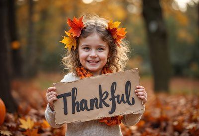 A smiling person with autumn leaves in their hair holding a sign that says