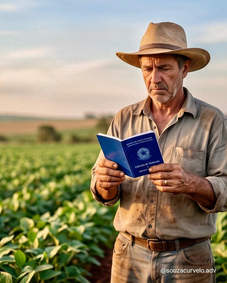 Homem lendo documento em campo, com texto “Trabalhei na cidade por um tempo. Perdi minha aposentadoria rural?”