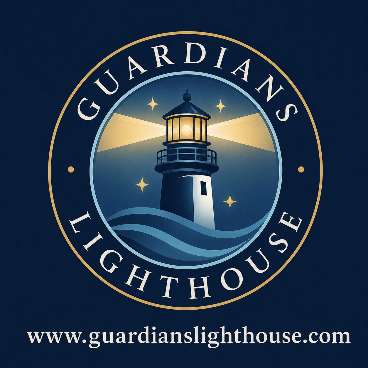 Guardian’s Lighthouse logo with a lighthouse at sea and the website guardianslighthouse.com