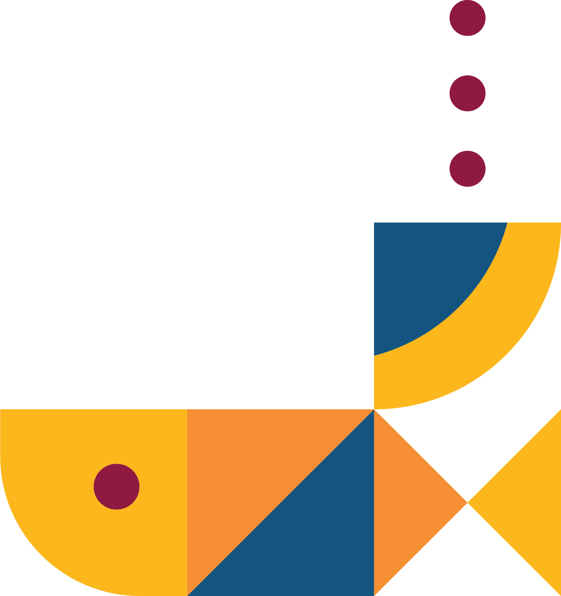 Geometric fish design in yellow, orange, and blue with three bubbles.