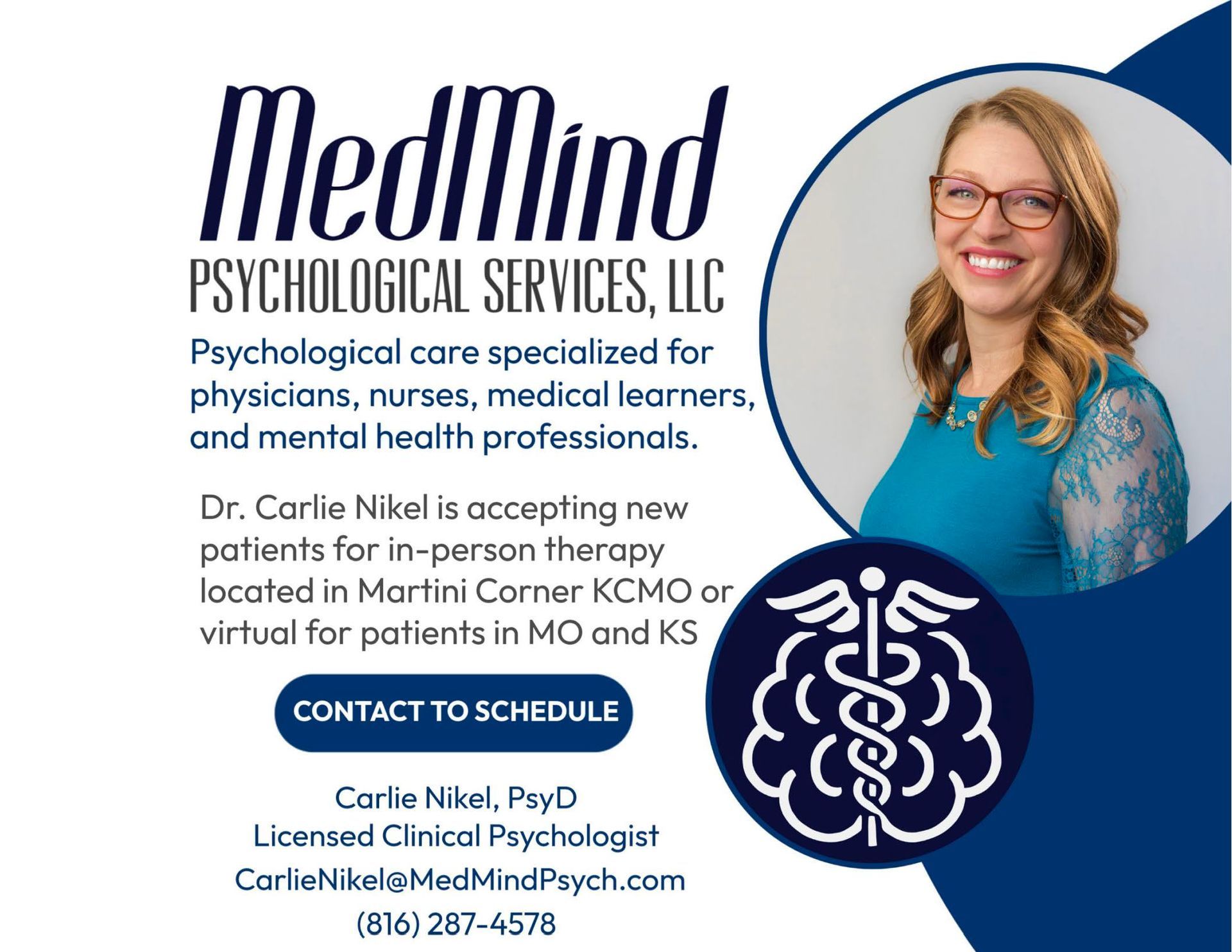 Advertisement for MedMind Psychological Services, LLC, featuring Dr. Corlie Nikel.