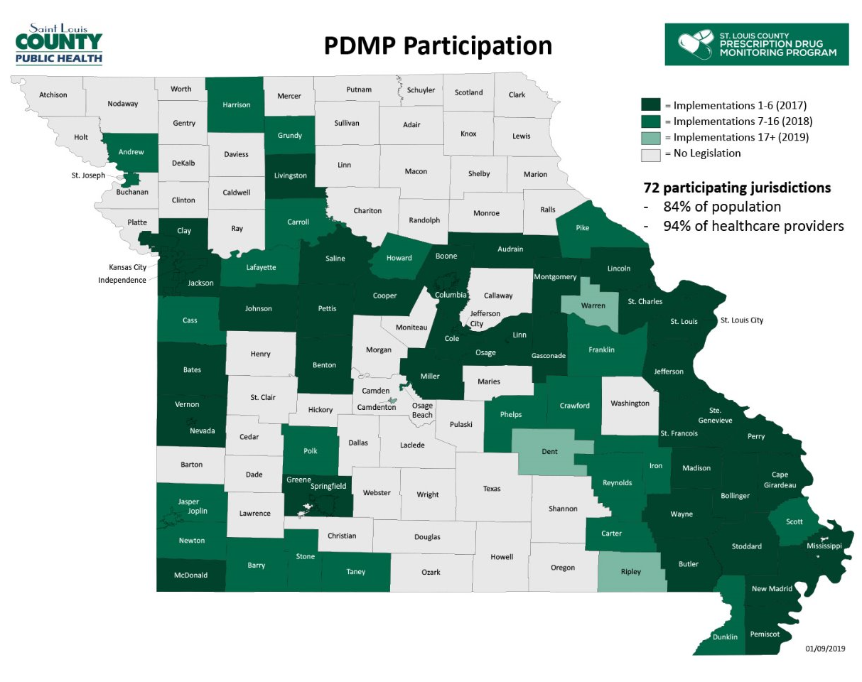 A map of a county showing pdmp participation