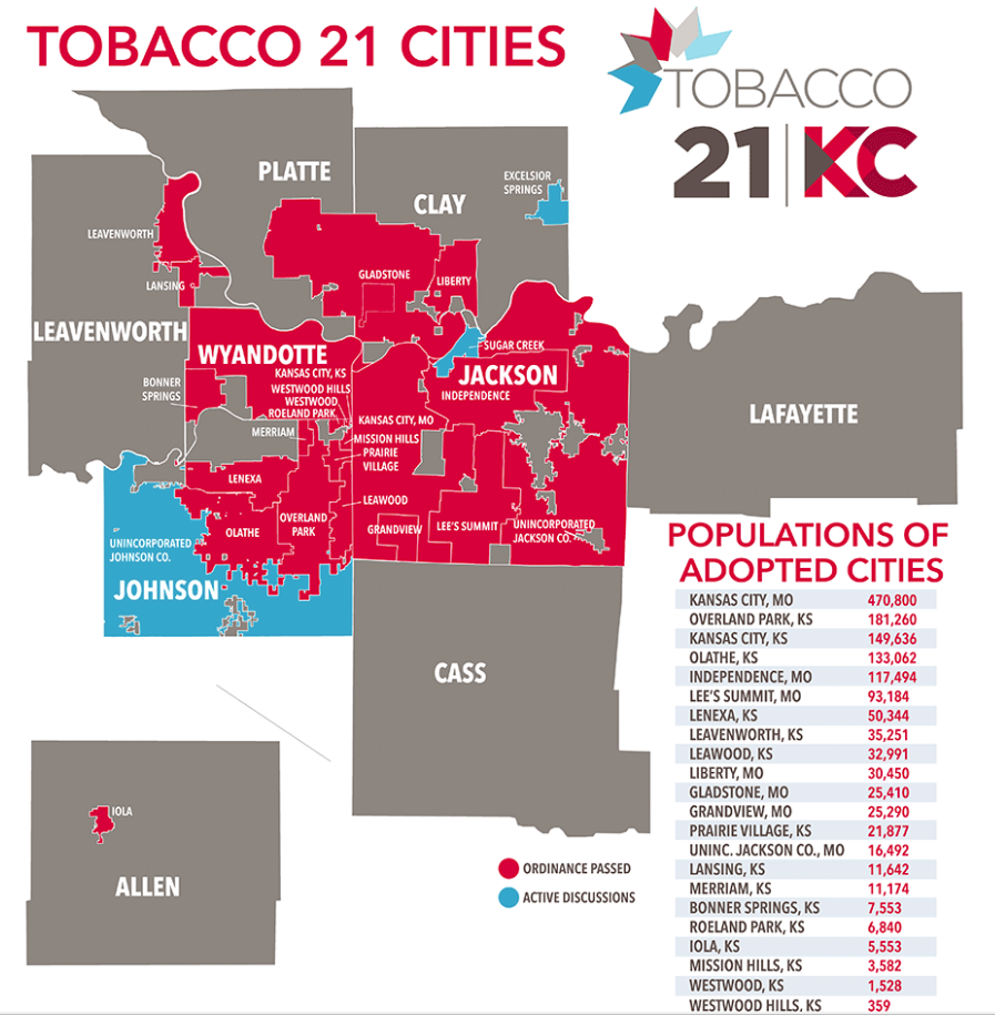 A map showing tobacco 21 cities and populations of adopted cities