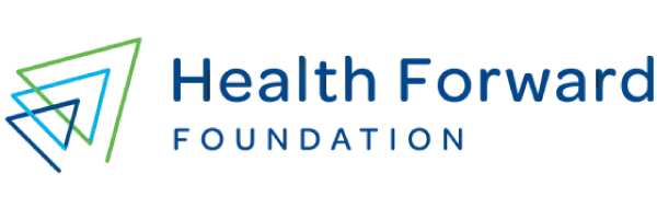 The health forward foundation logo is blue and green with a triangle in the middle.