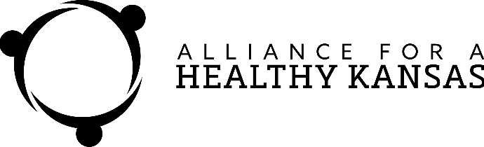 Logo of the Alliance for a Healthy Kansas. Black circle with three connecting shapes, text: Alliance for a Healthy Kansas.