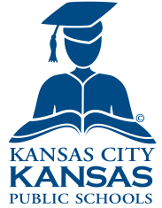 Blue logo: Person in mortarboard, holding open book, 