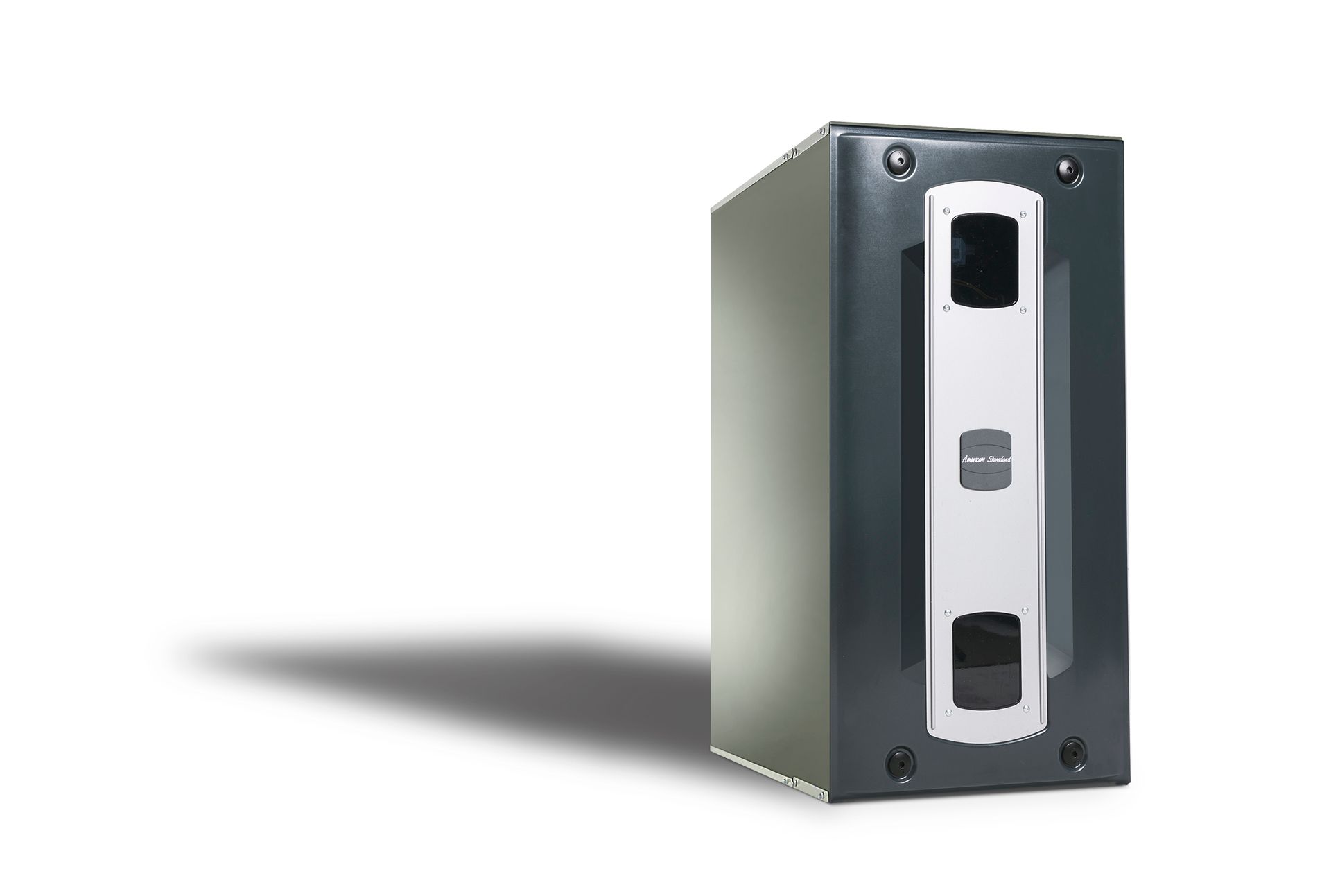 Dark gray rectangular furnace with a silver central panel, casting a shadow.