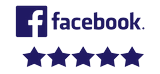 Facebook logo with five dark blue stars.