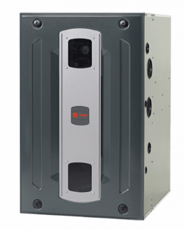 Gray Trane furnace against a white background.
