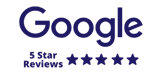 Google 5-star review logo with five dark blue stars. Text reads 