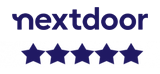 Nextdoor logo with dark blue text and five stars.