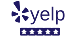 Yelp logo with a starburst, text, and five stars.