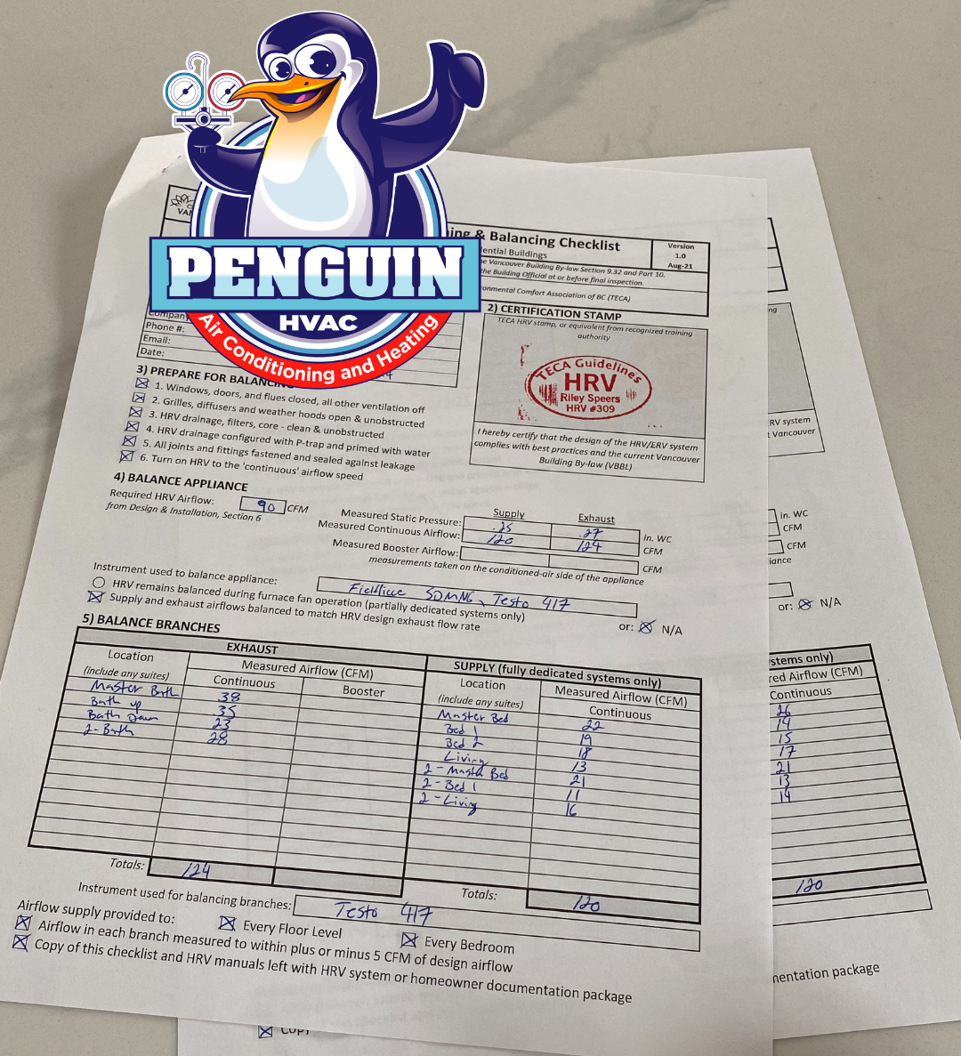 TECA HRV Ventilation Checklist with Stamp - Penguin HVAC Vancouver logo