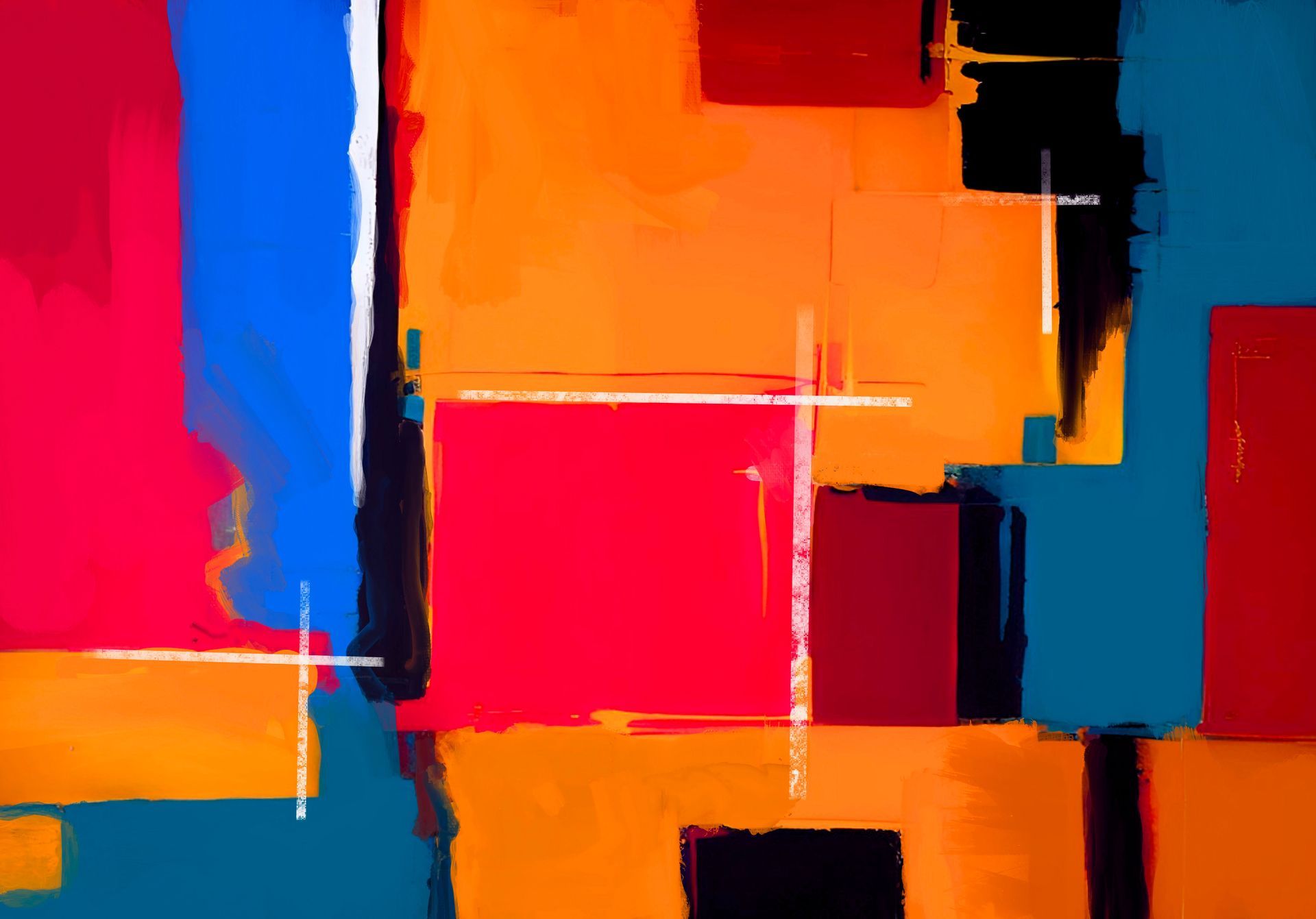 Abstract multicolored geometric collage with blue, pink, orange, and purple shapes