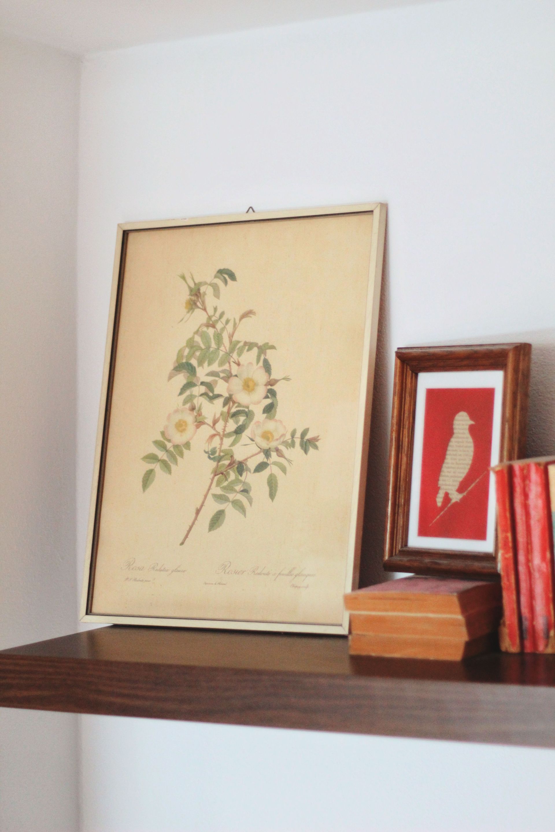 Framed floral print, red silhouette art, and books on a wooden shelf against a white wall