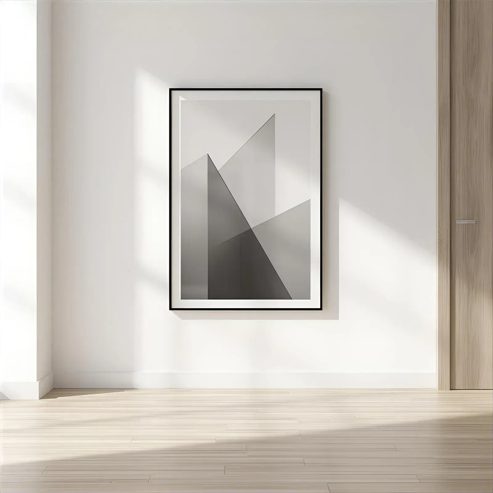 Minimal geometric art print on a white wall in a sunlit, modern room