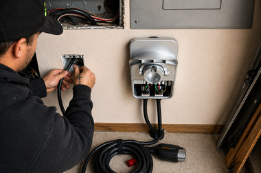 Electrician installing a wall-mounted EV charger in a garage beside a parked car.