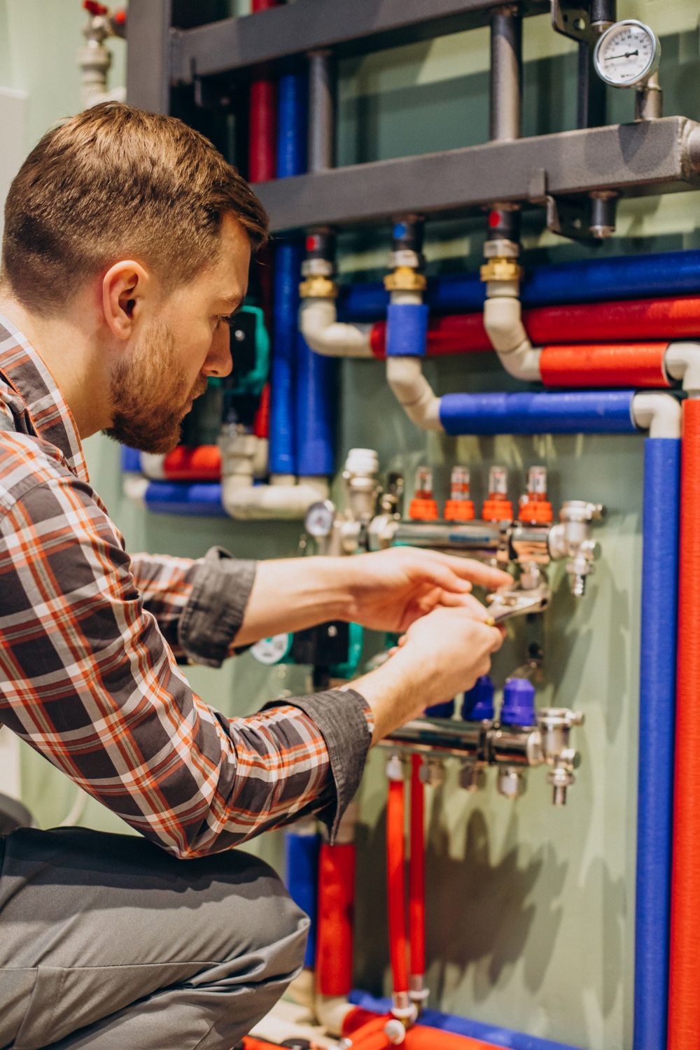 A technician in a plaid shirt installs or maintains a complex heating system with blue and red insulated pipes.