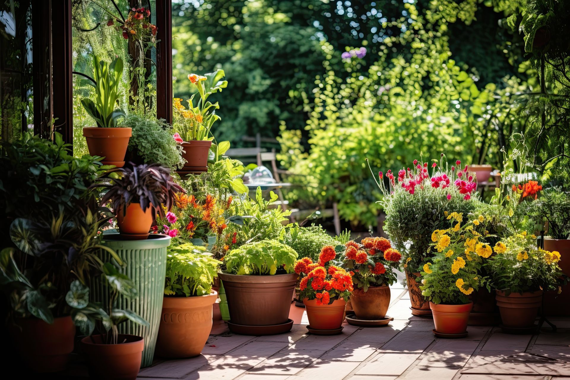 Sunny patio with potted flowers and lush greenery in terracotta and green planters