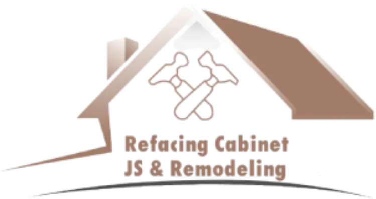 Logo for Refacing Cabinet JS & Remodeling with house and tools icon in brown and beige