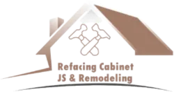Logo for Refacing Cabinet JS & Remodeling with house and tools icon in brown and beige