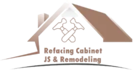 Logo for Refacing Cabinet JS & Remodeling with house and tools icon in brown and beige