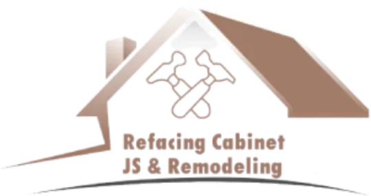 Logo for Refacing Cabinet JS & Remodeling with house and tools icon in brown and beige