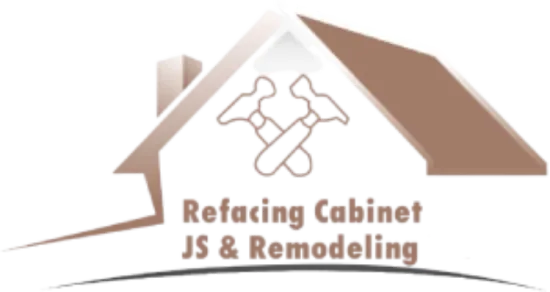 Logo for Refacing Cabinet JS & Remodeling with house and tools icon in brown and beige