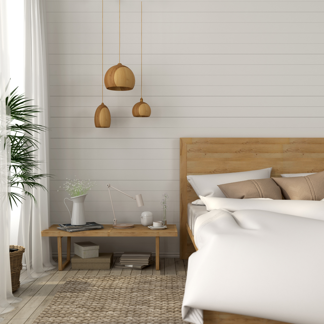 Bright neutral bedroom interior and home design