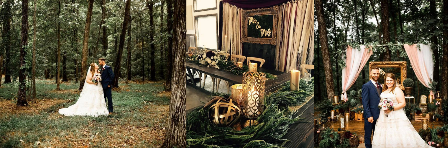 Bride in white gown in a wooded forest, with rustic cabin and candlelit wedding decor nearby.