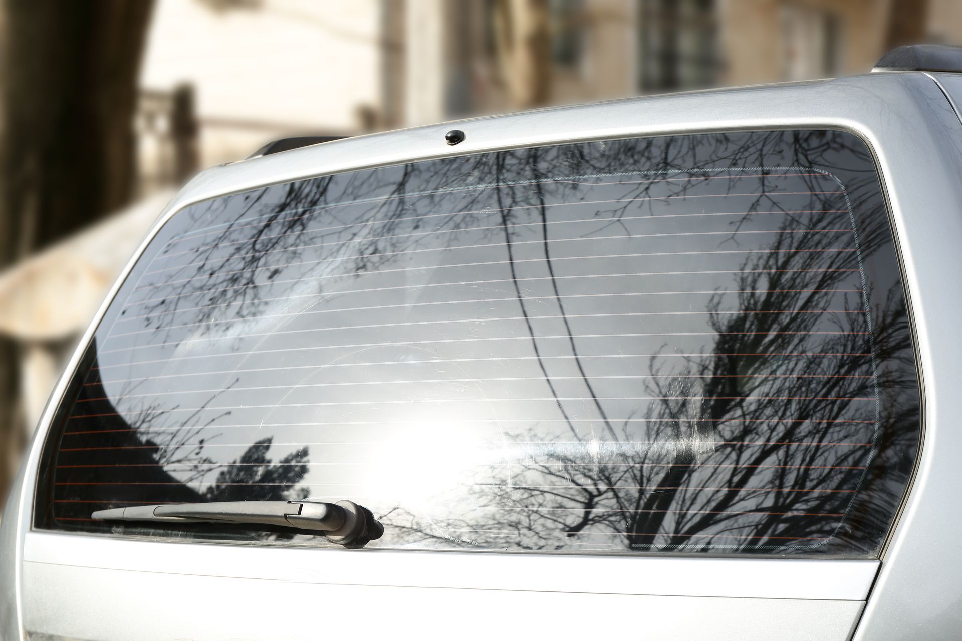 Rear window of a silver SUV reflecting a sunny outdoor scene, with tree branches and a wiper blade.