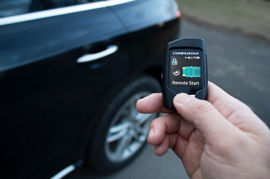 Hand holding car key fob near an open car door, poised to unlock it. Hand holding car key fob near an open car door, poised to unlock it.