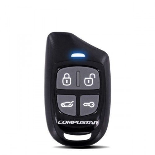 Black car remote with four buttons: lock, unlock, trunk, and remote start, with a blue LED light and 