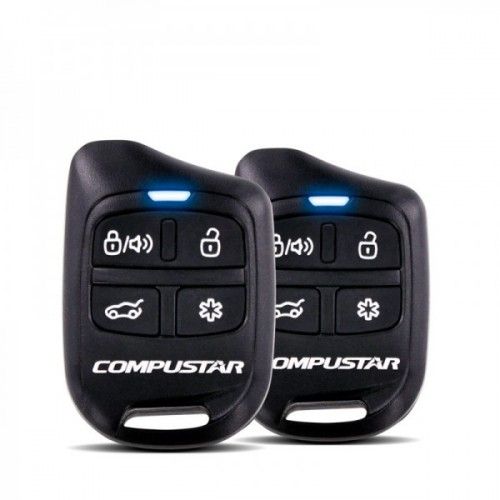 Two black Compustar car remote fobs with blue indicator lights.