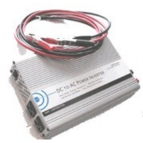 Silver DC to AC power inverter with attached cables and two AC outlets.