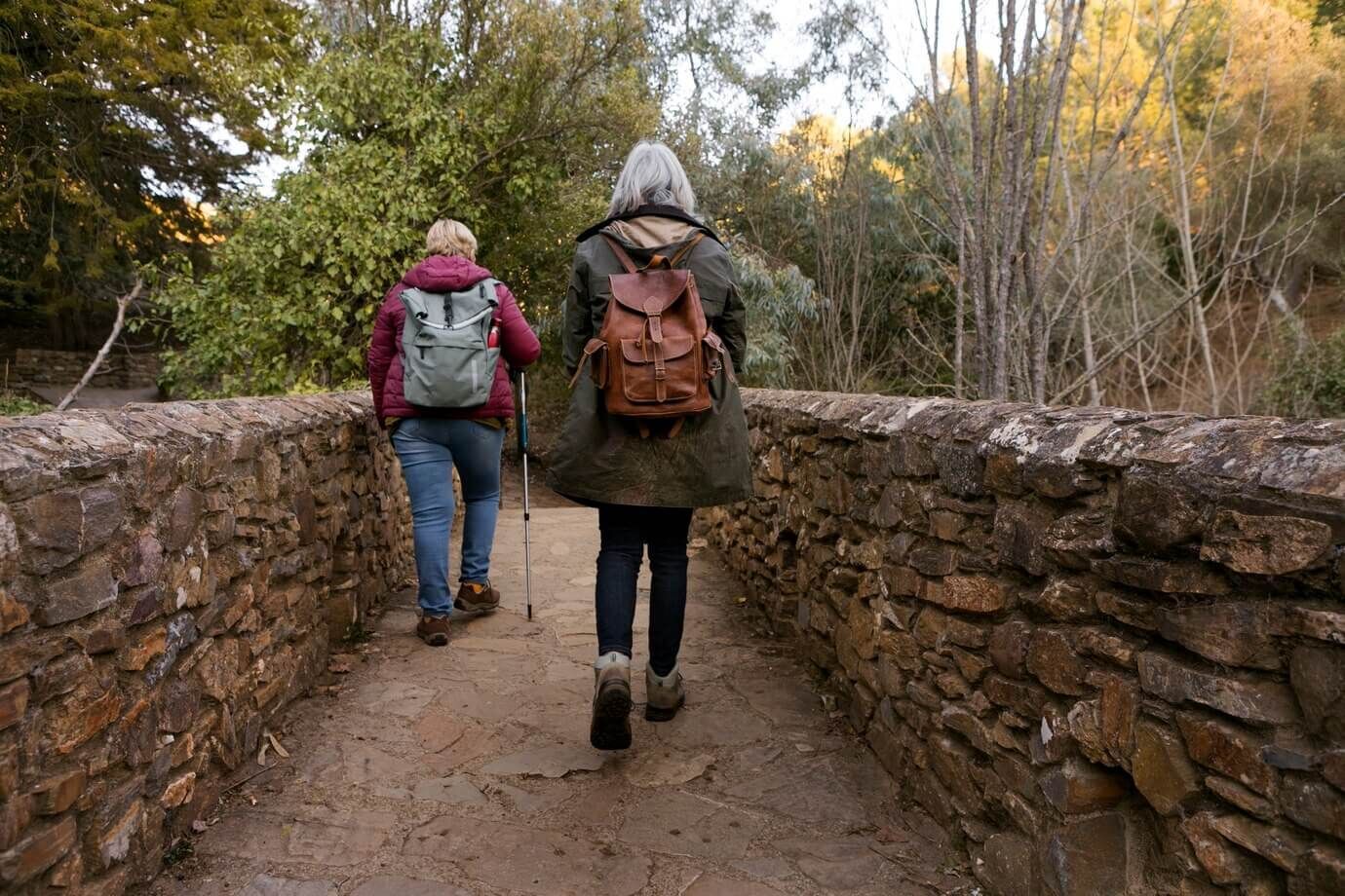 Dos personas caminan por un puente de piedra en el bosque.