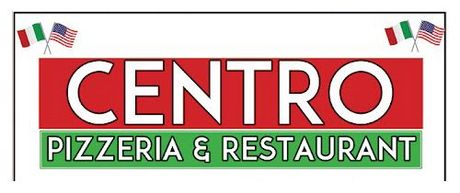 Sign for Centro Pizzeria & Restaurant with red and green lettering and small Italian and U.S. flags