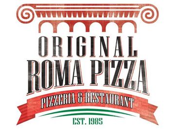 Original Roma Pizza logo with red banner and green accents, “Pizzeria & Restaurant,” est. 1985