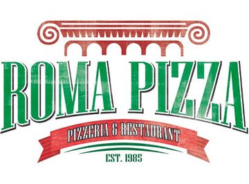 Roma Pizza logo with green text, red banner, and est. 1985