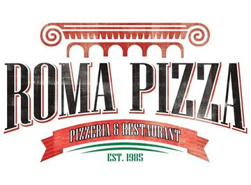 Roma Pizza pizzeria and restaurant logo in red, black, and cream with decorative arches and ribbon banner