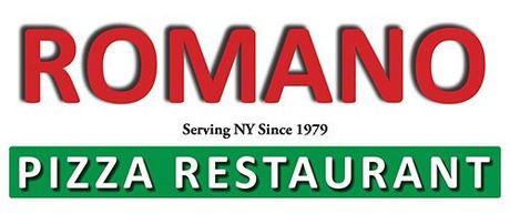 Romano Pizza Restaurant logo with red and green text on a white background