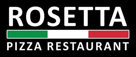 Rosetta Pizza Restaurant logo with white text on black and a green-white-red stripe